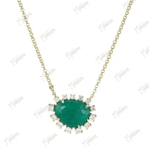 14K Yellow Gold Diamond Emerald Necklace