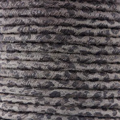5mm Round Grey Leopard Print Suede Leather by the Foot