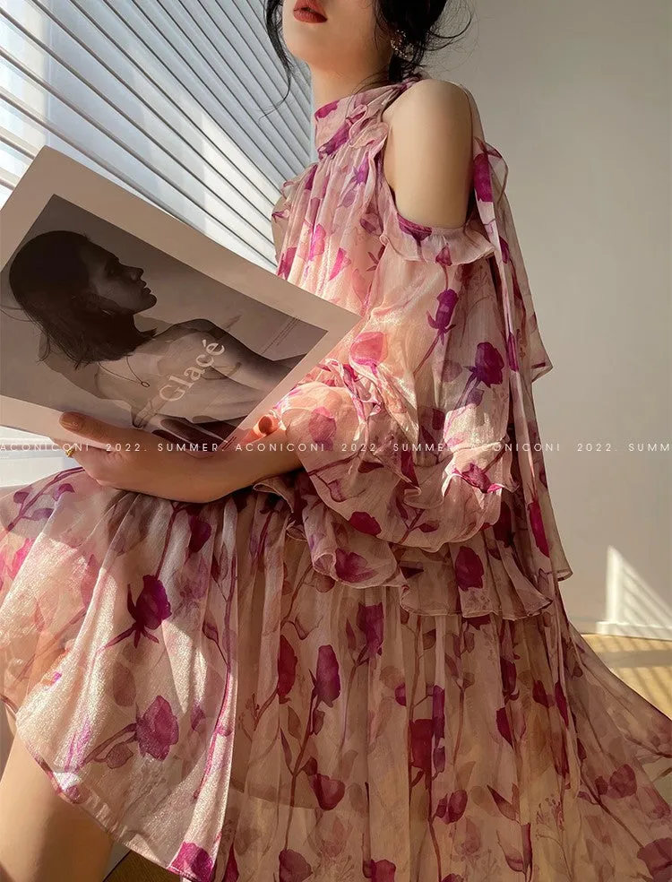 Aconiconi Luxury layered Floral Print Halter Neck Holiday Dress- Aiyu