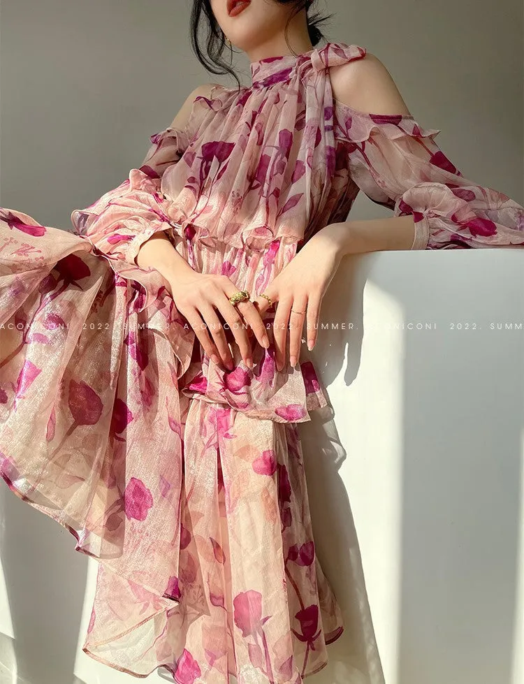 Aconiconi Luxury layered Floral Print Halter Neck Holiday Dress- Aiyu