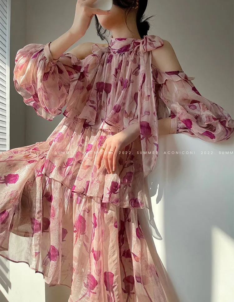 Aconiconi Luxury layered Floral Print Halter Neck Holiday Dress- Aiyu