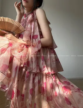 Aconiconi Luxury layered Floral Print Halter Neck Holiday Dress- Aiyu
