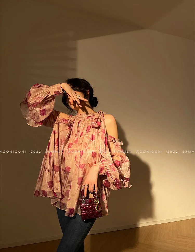Aconiconi Luxury layered Floral Print Halter Neck Holiday Dress- Aiyu