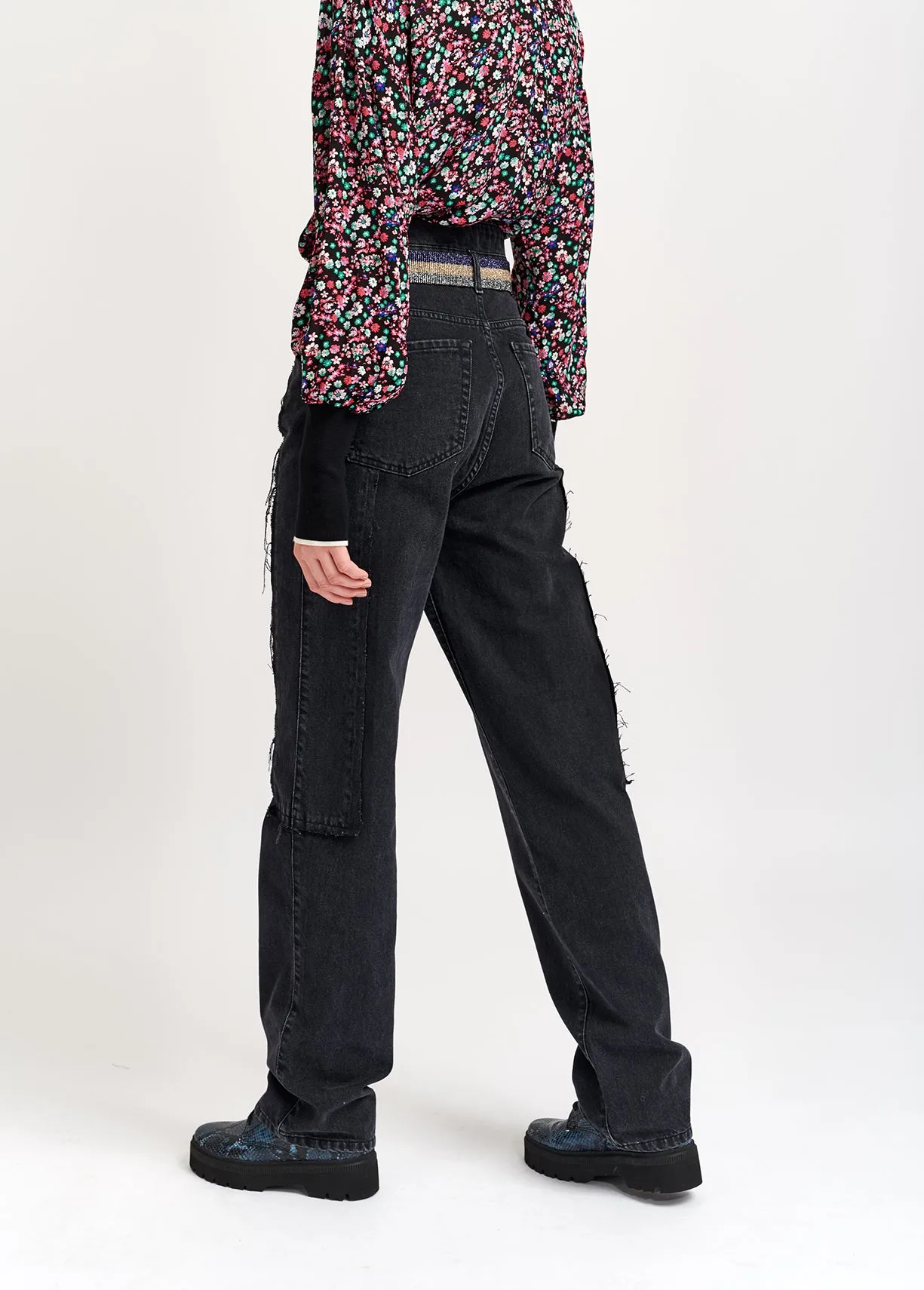Black cotton patchwork jeans
