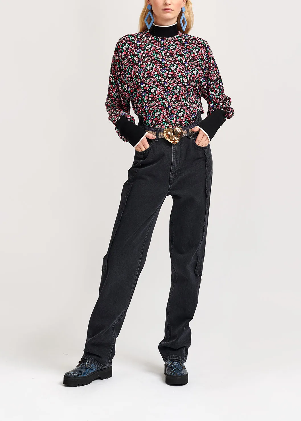 Black cotton patchwork jeans