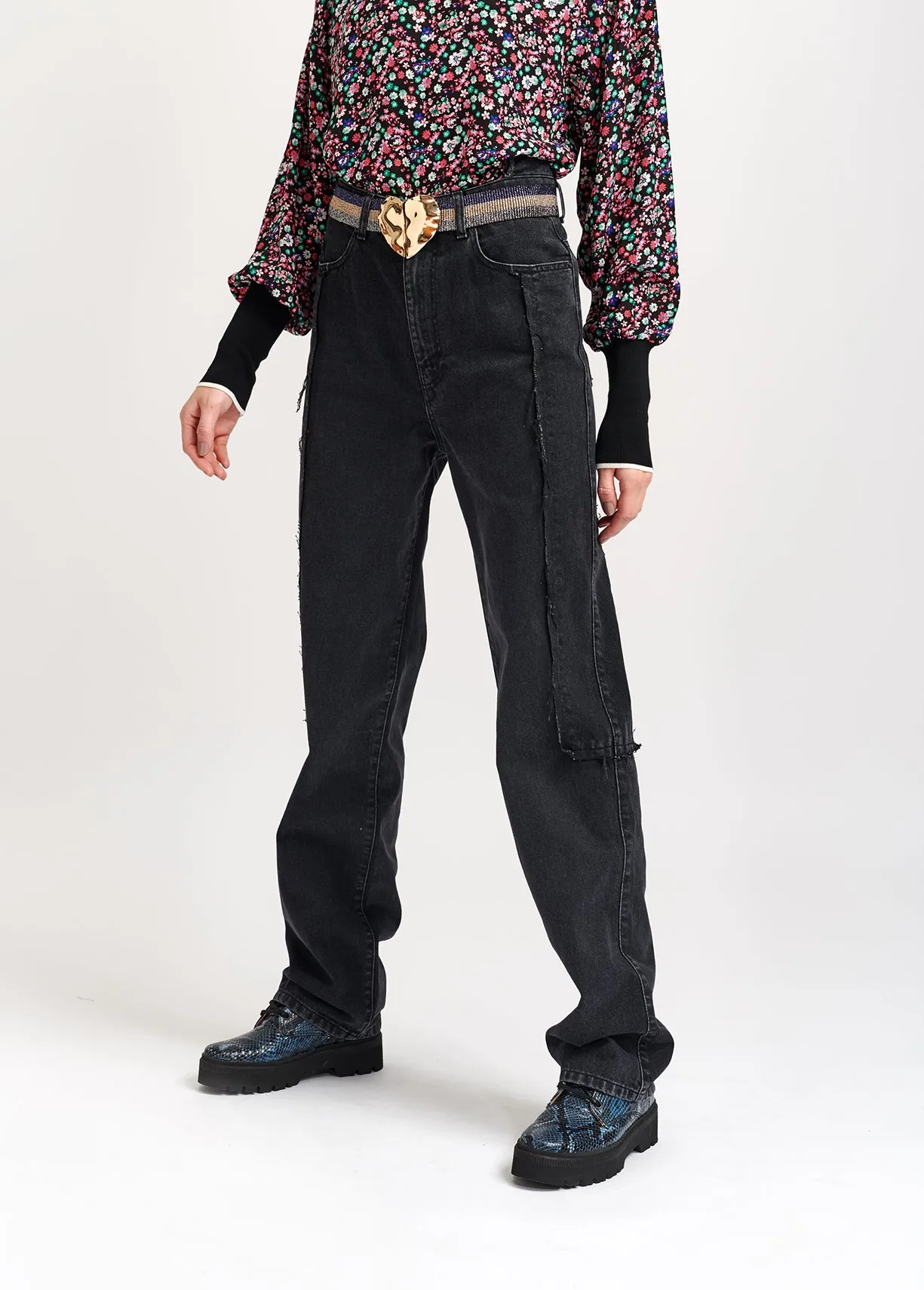 Black cotton patchwork jeans