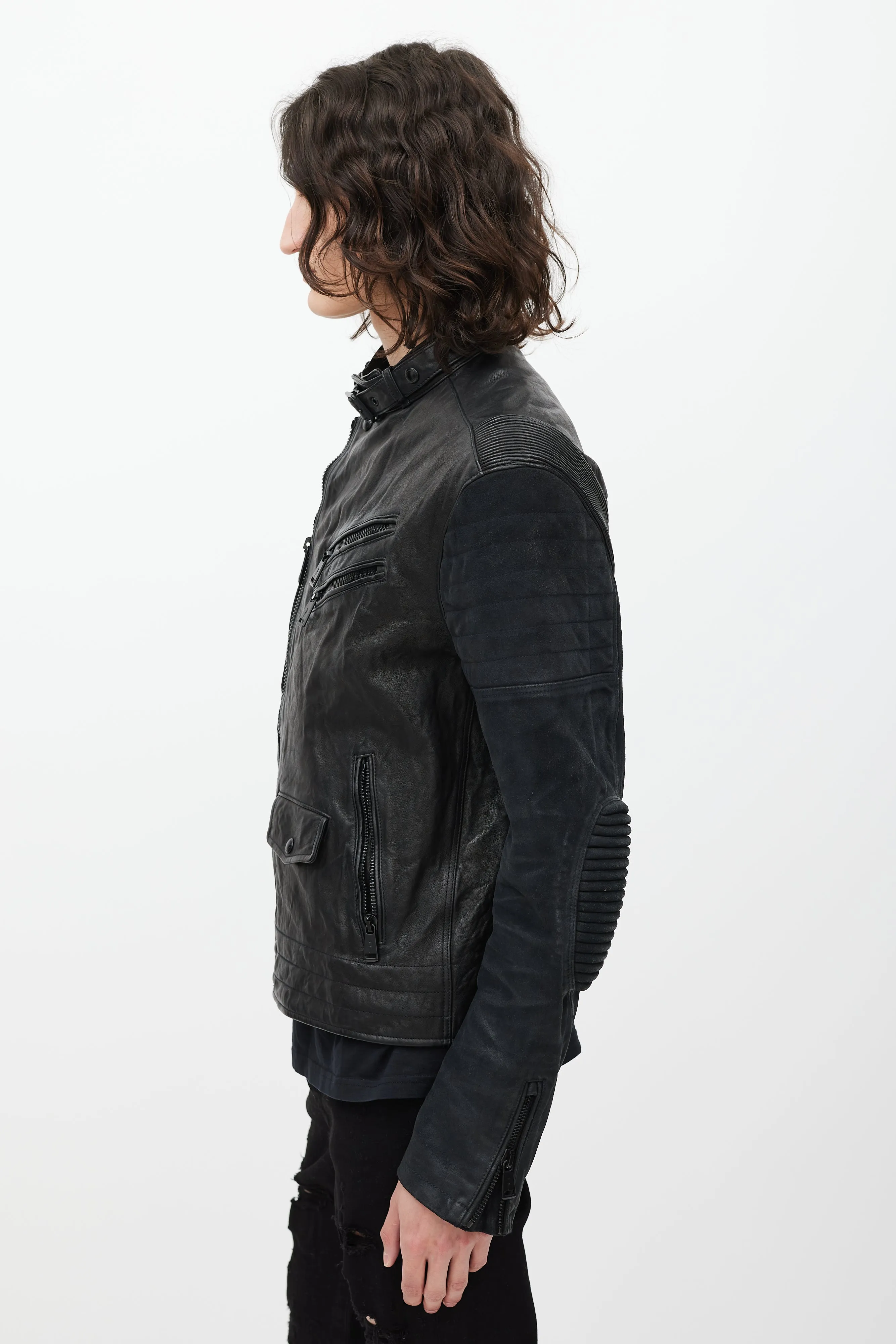 Black Leather & Suede Zip Jacket
