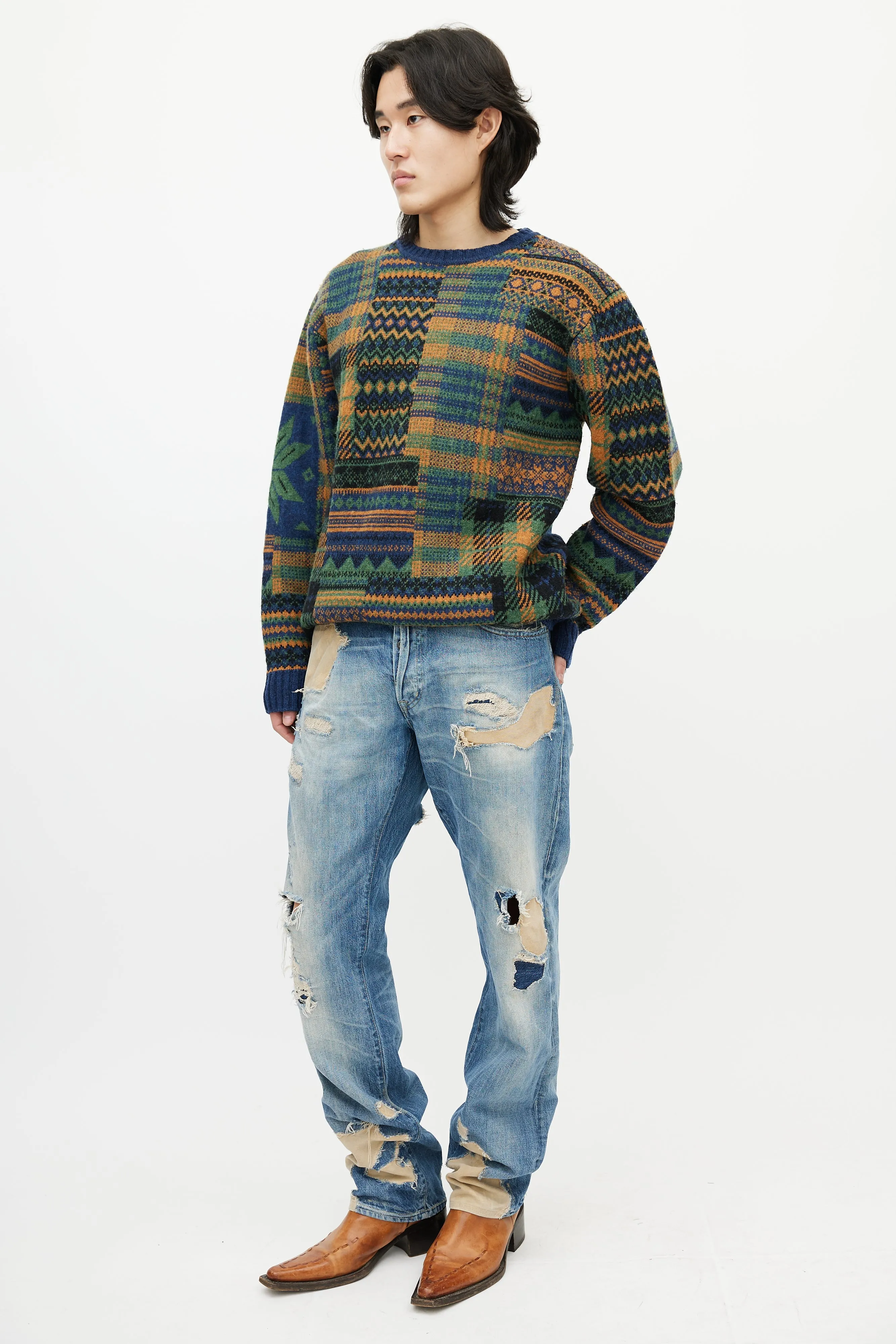Blue Distressed Patch Work Jeans