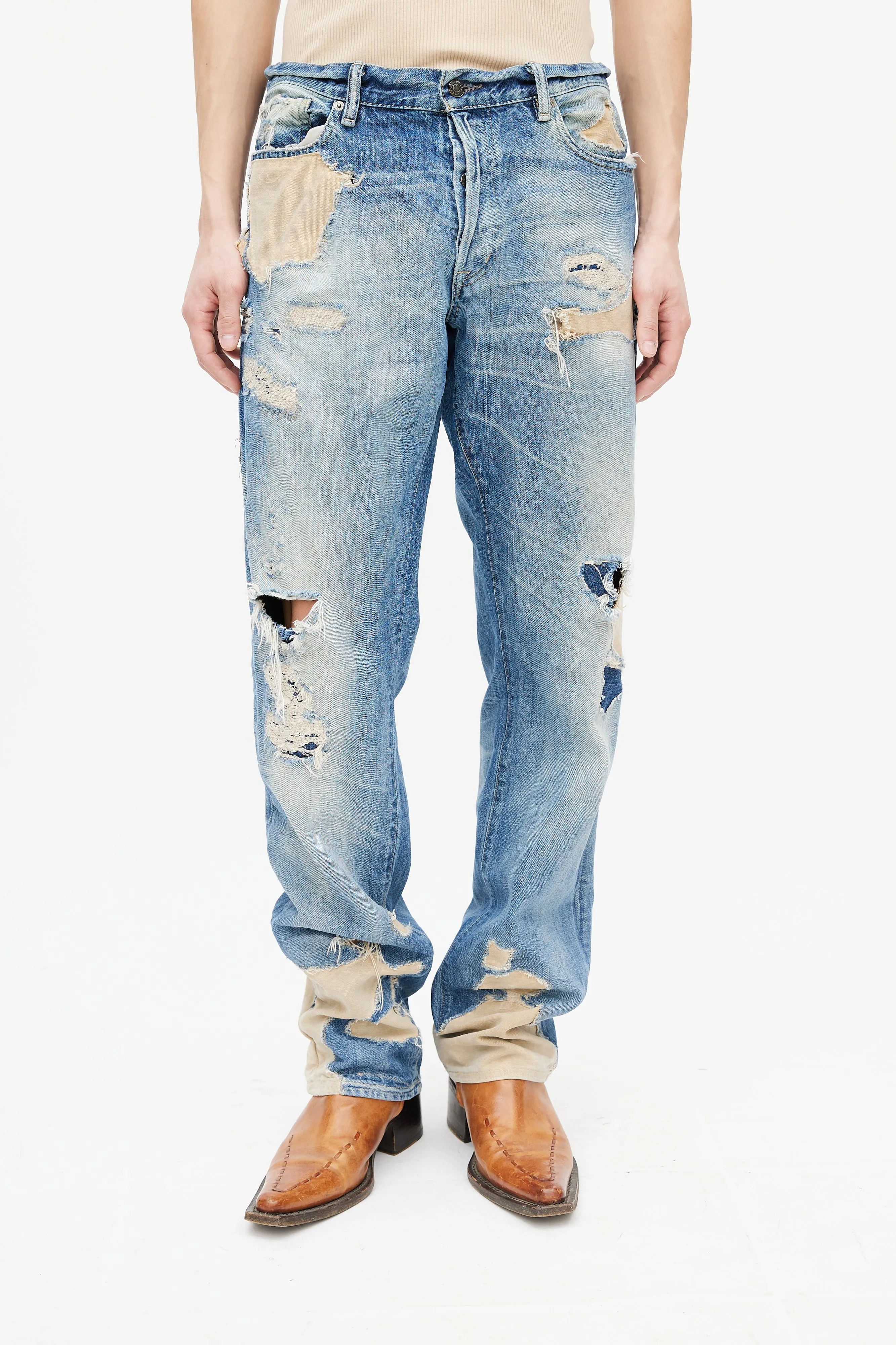 Blue Distressed Patch Work Jeans