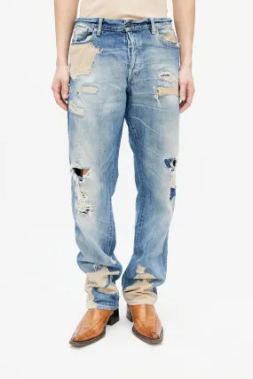 Blue Distressed Patch Work Jeans