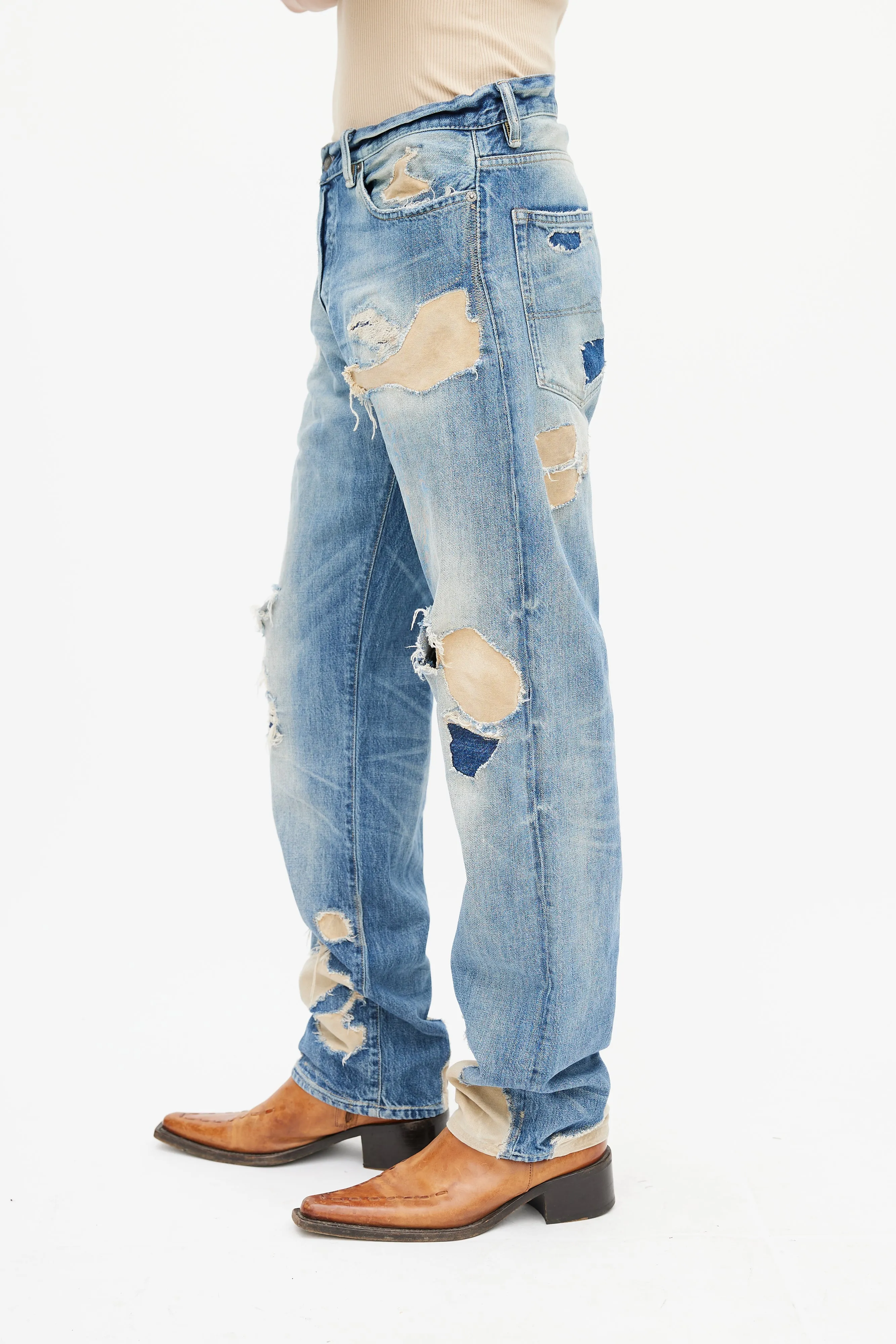 Blue Distressed Patch Work Jeans