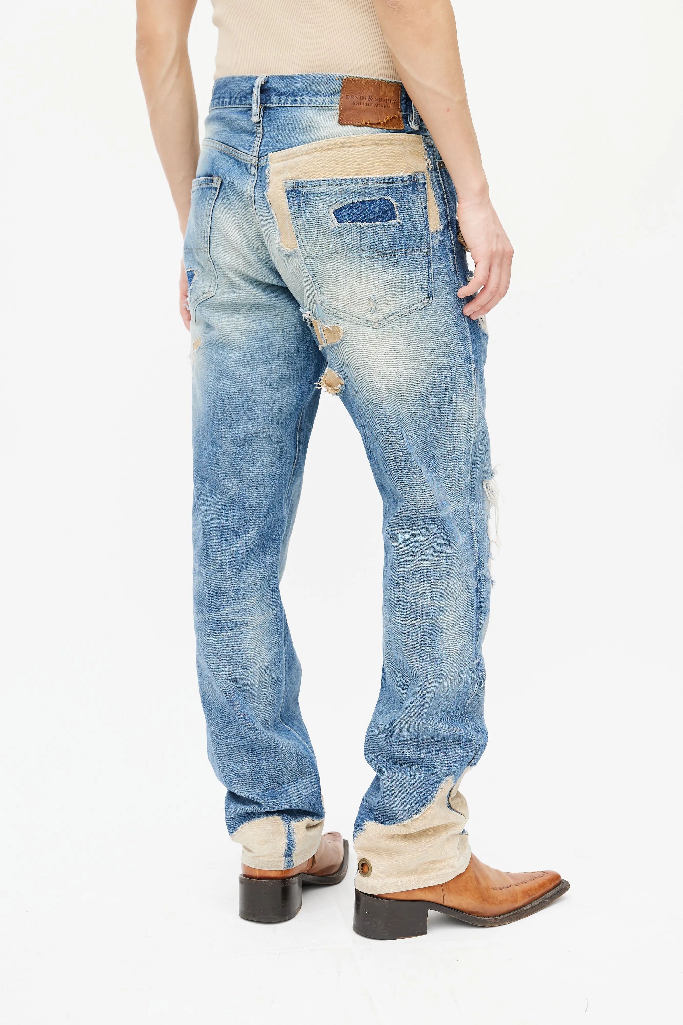 Blue Distressed Patch Work Jeans