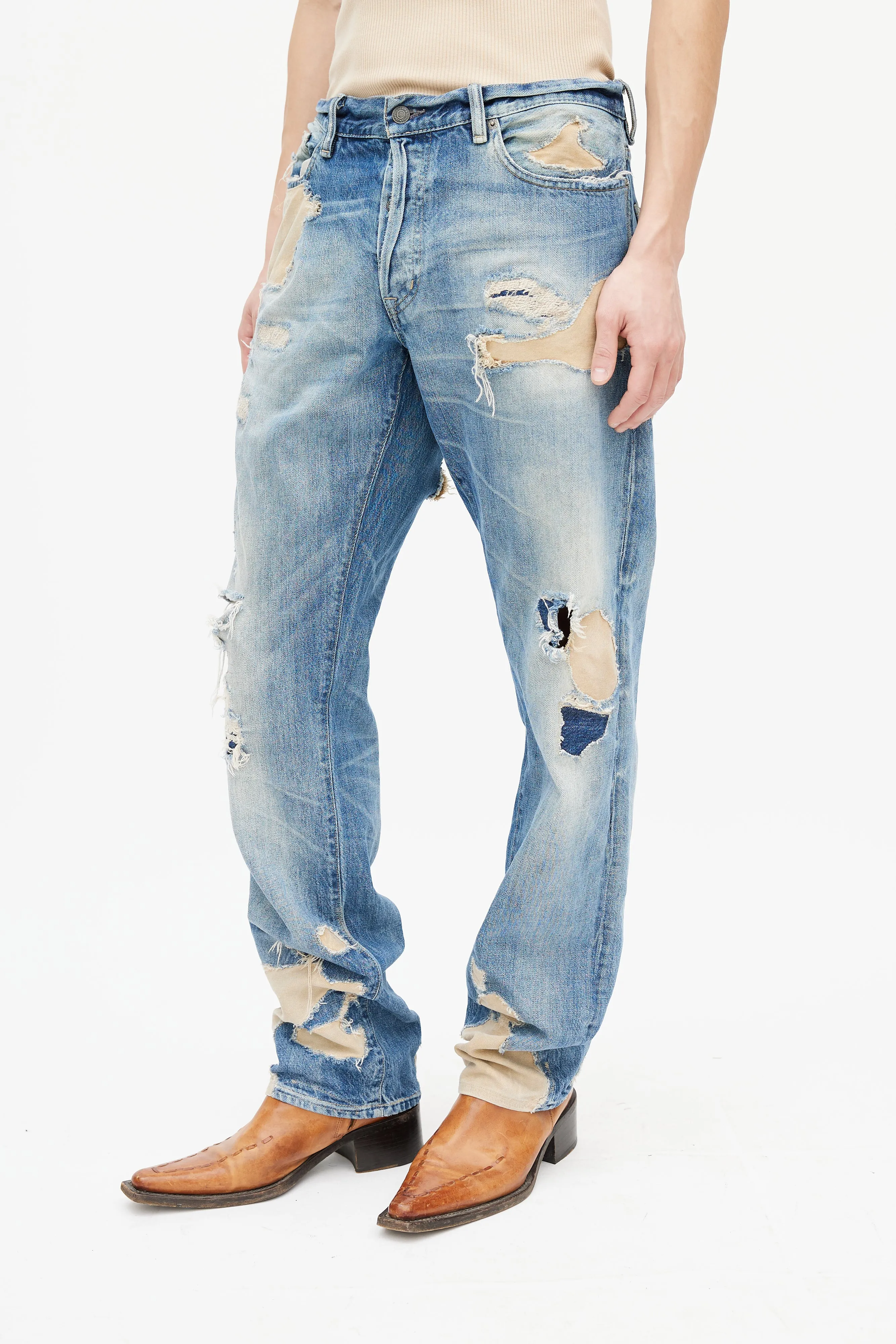 Blue Distressed Patch Work Jeans