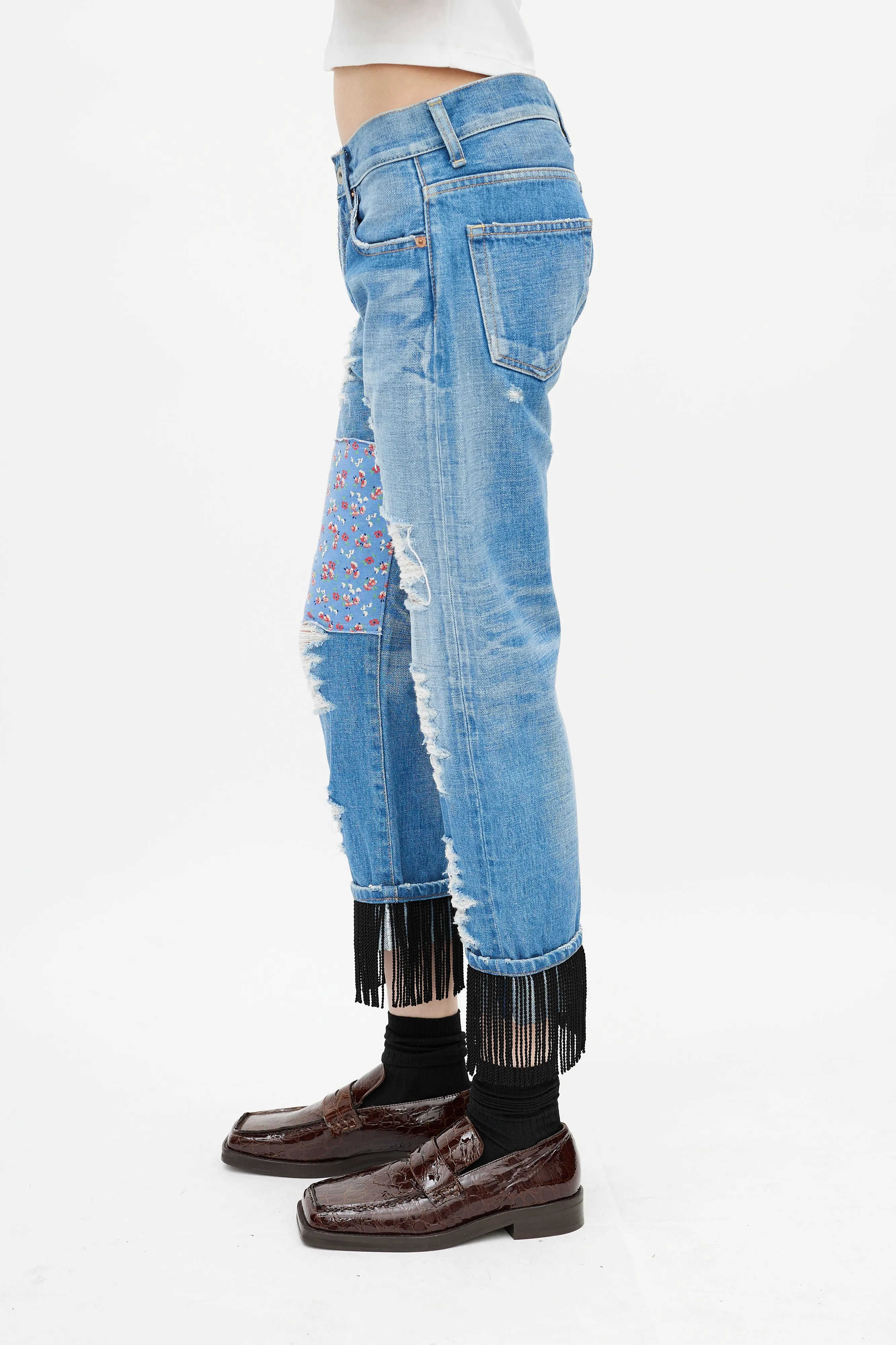 Blue Distressed Patchwork Denim Jeans