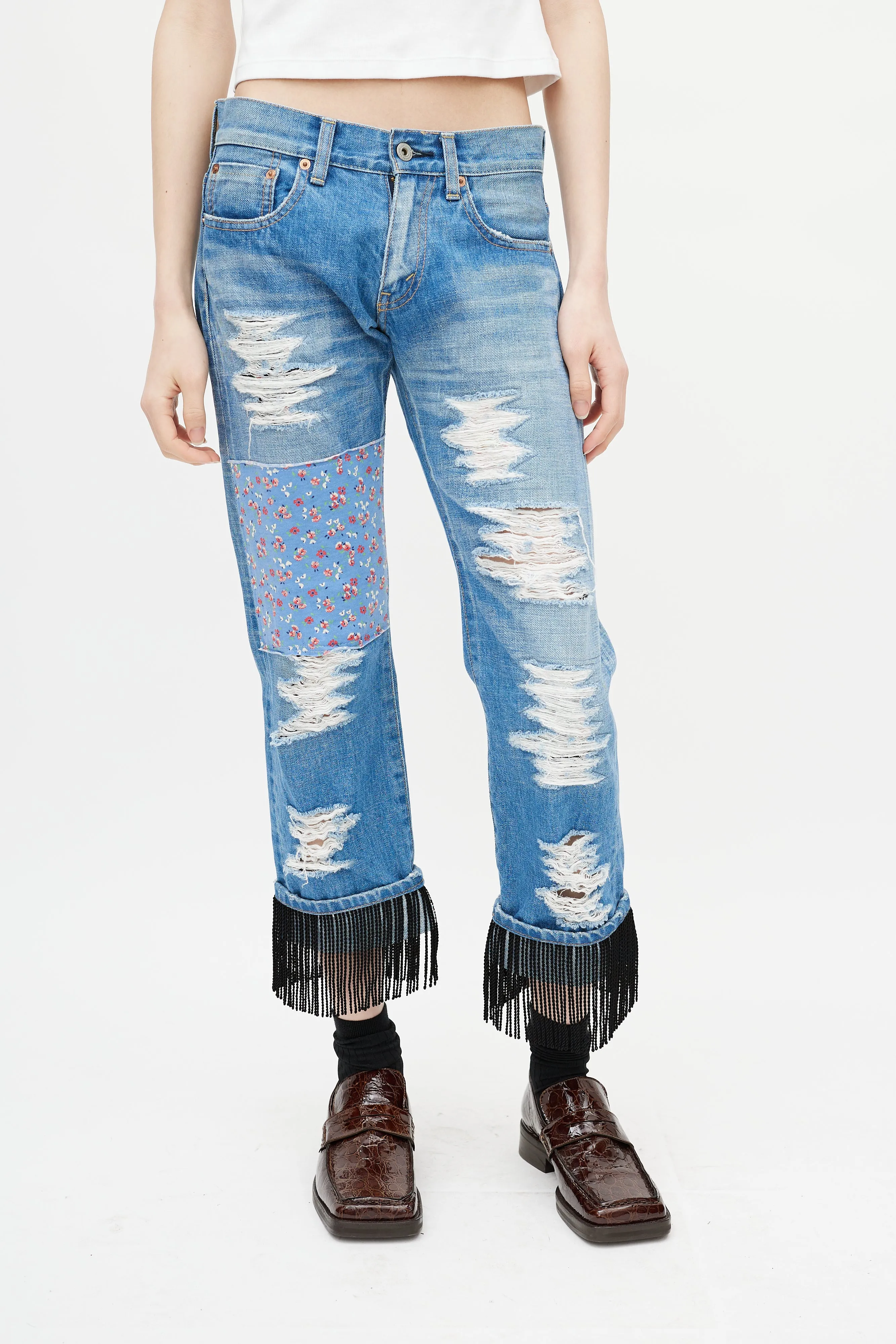 Blue Distressed Patchwork Denim Jeans