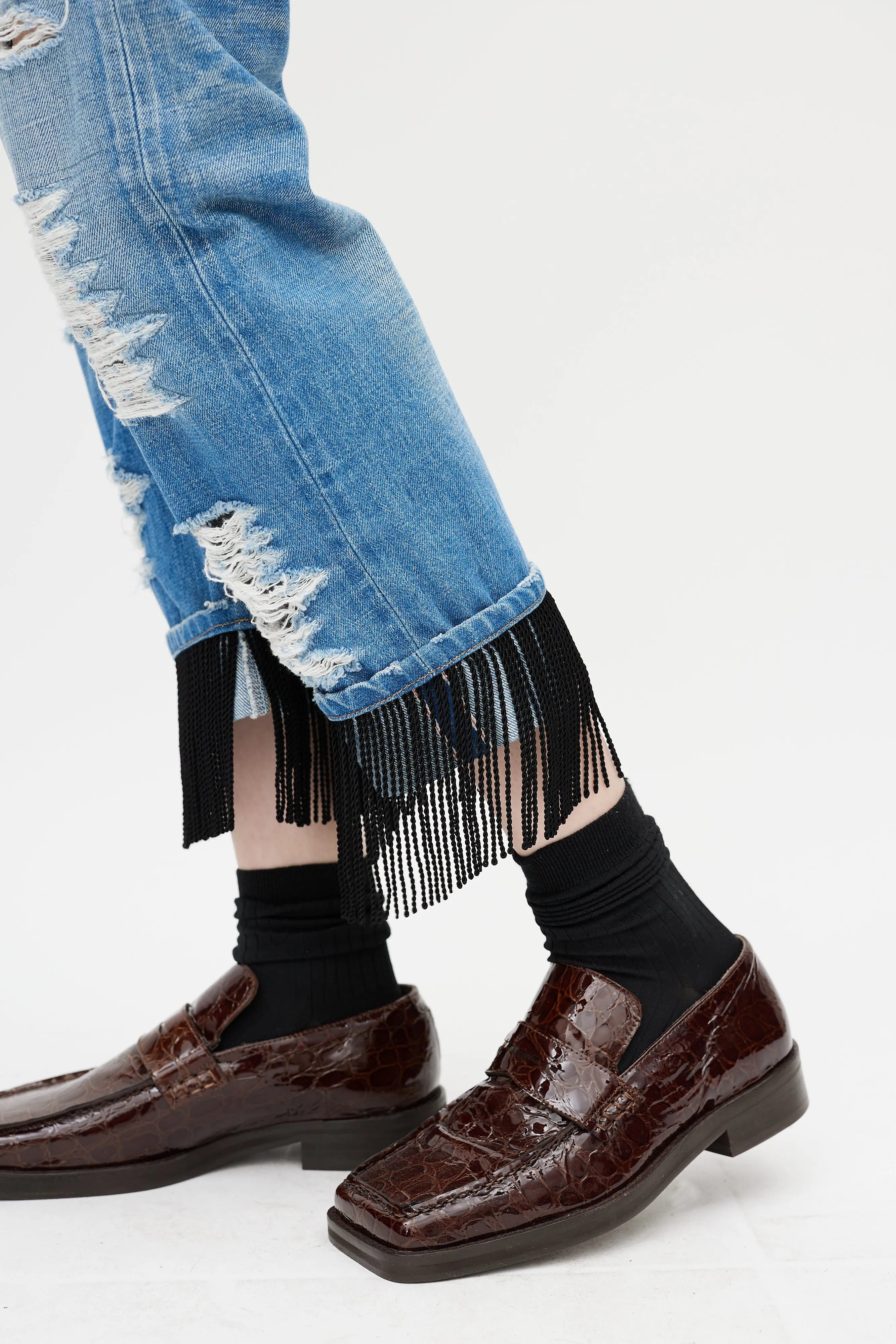 Blue Distressed Patchwork Denim Jeans