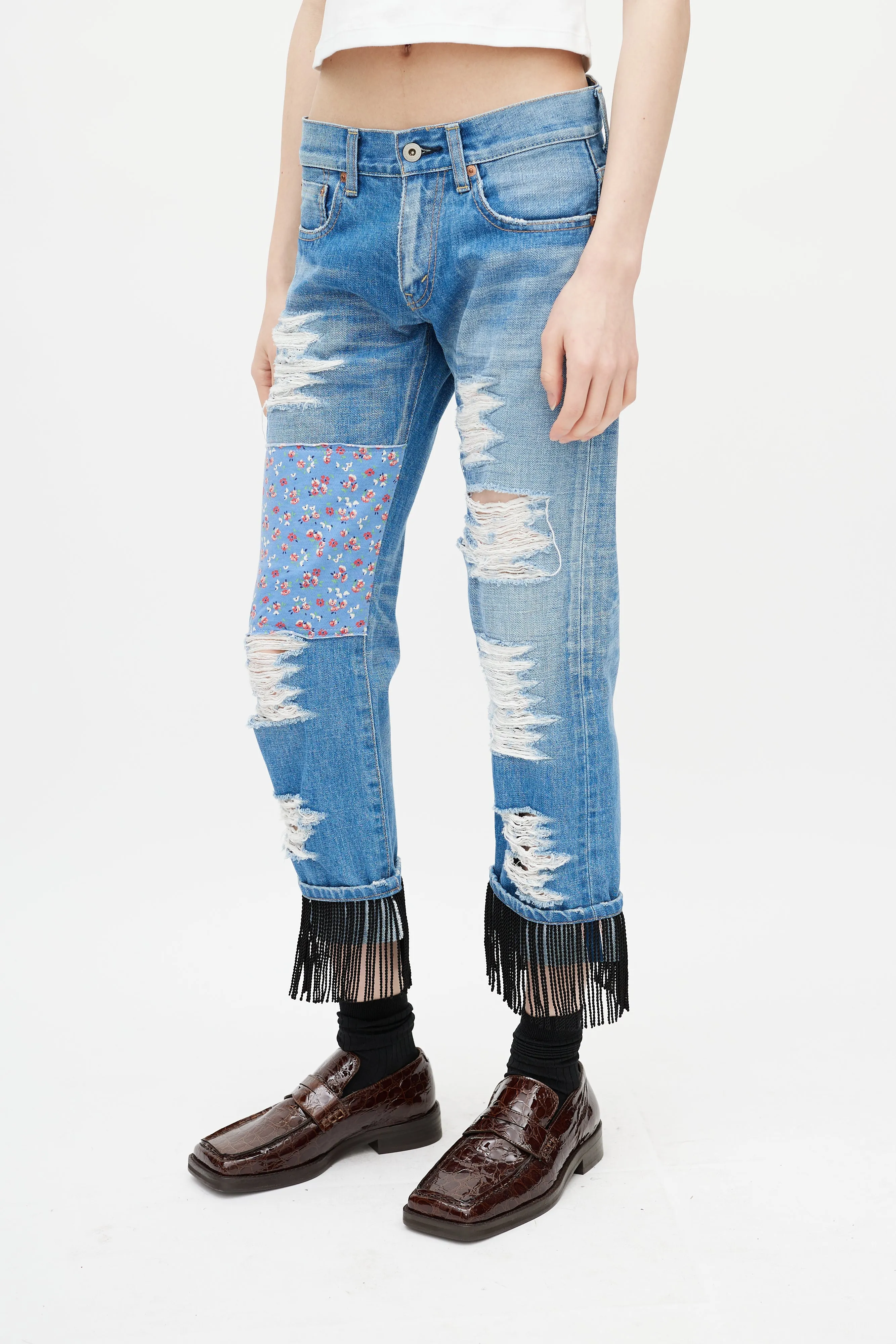 Blue Distressed Patchwork Denim Jeans