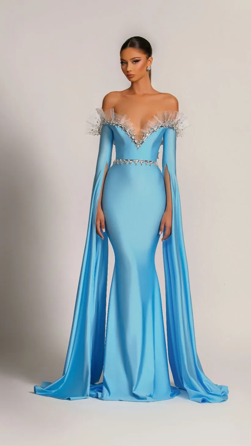 Carolina Elegant Off-Shoulder Blue Evening Dress