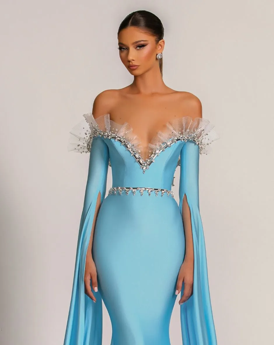 Carolina Elegant Off-Shoulder Blue Evening Dress