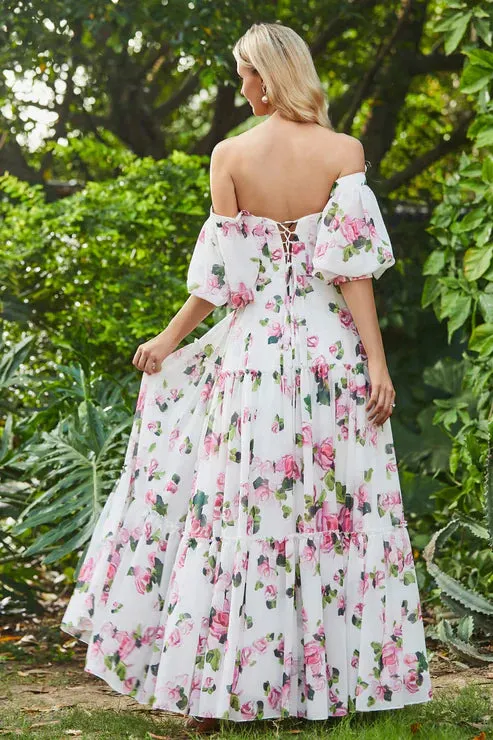 Elegant Prom Dresses Off Shoulder Flowers Ruffled Chiffon Long Dress