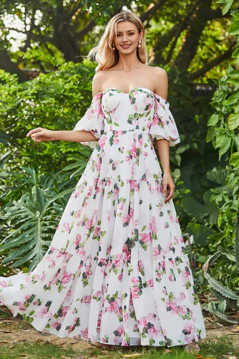 Elegant Prom Dresses Off Shoulder Flowers Ruffled Chiffon Long Dress