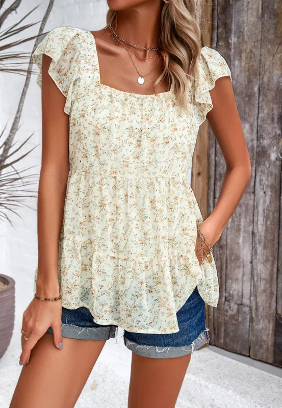 Floral Print Flowy Blouse with Tiered Ruffles and Cap Sleeves