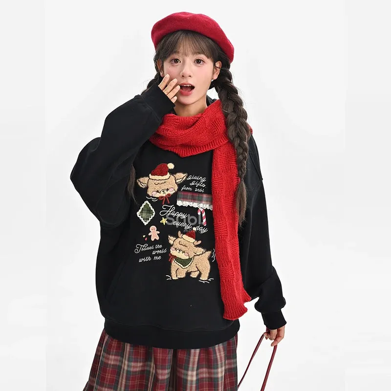 Kawaii Christmas Style Red Cartoon Deer Embroidered Sweatshirt