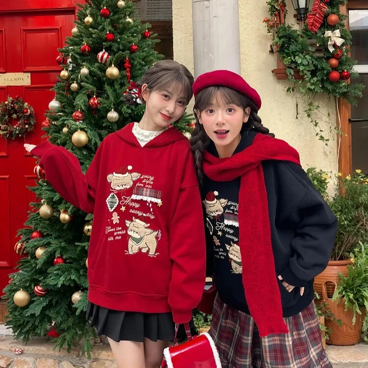 Kawaii Christmas Style Red Cartoon Deer Embroidered Sweatshirt