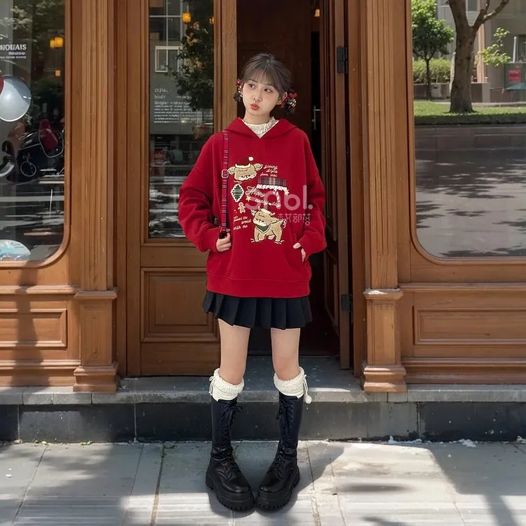 Kawaii Christmas Style Red Cartoon Deer Embroidered Sweatshirt