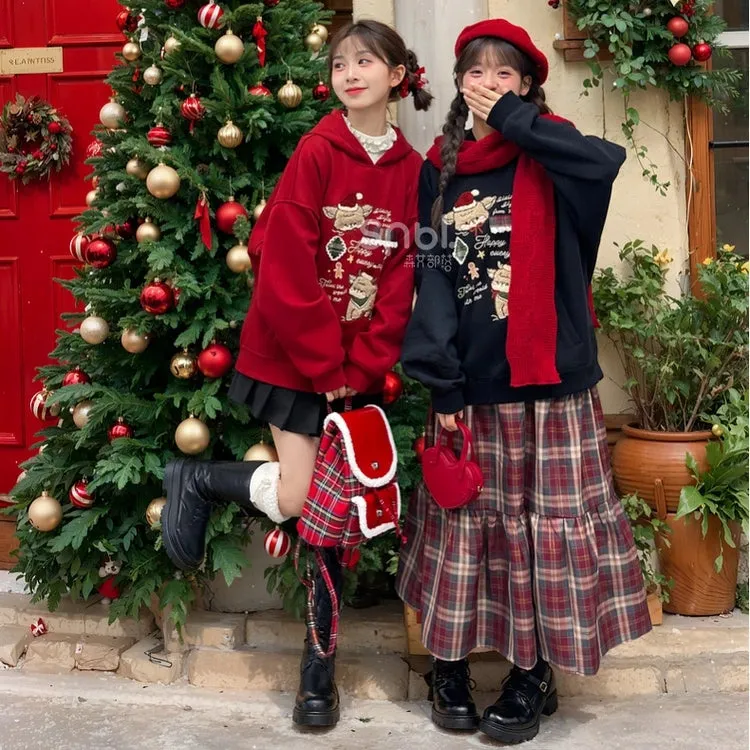 Kawaii Christmas Style Red Cartoon Deer Embroidered Sweatshirt