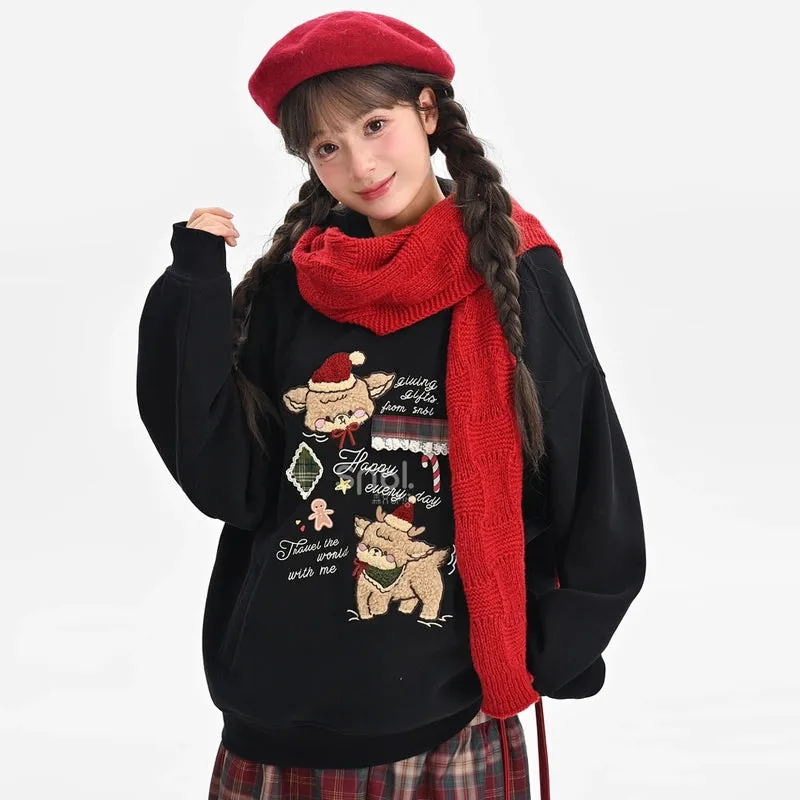 Kawaii Christmas Style Red Cartoon Deer Embroidered Sweatshirt