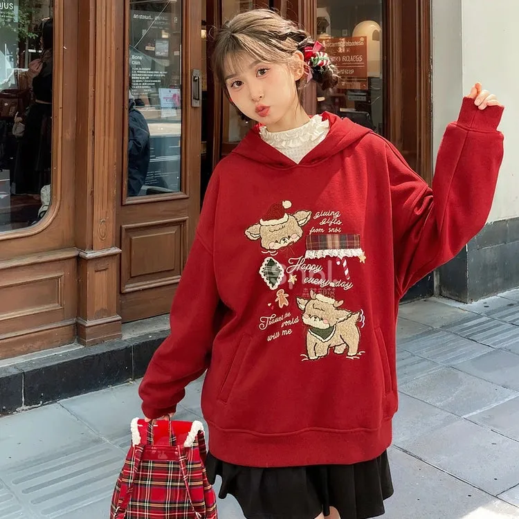 Kawaii Christmas Style Red Cartoon Deer Embroidered Sweatshirt