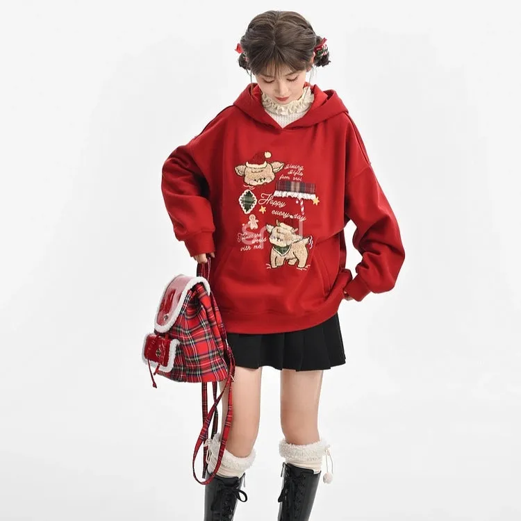 Kawaii Christmas Style Red Cartoon Deer Embroidered Sweatshirt
