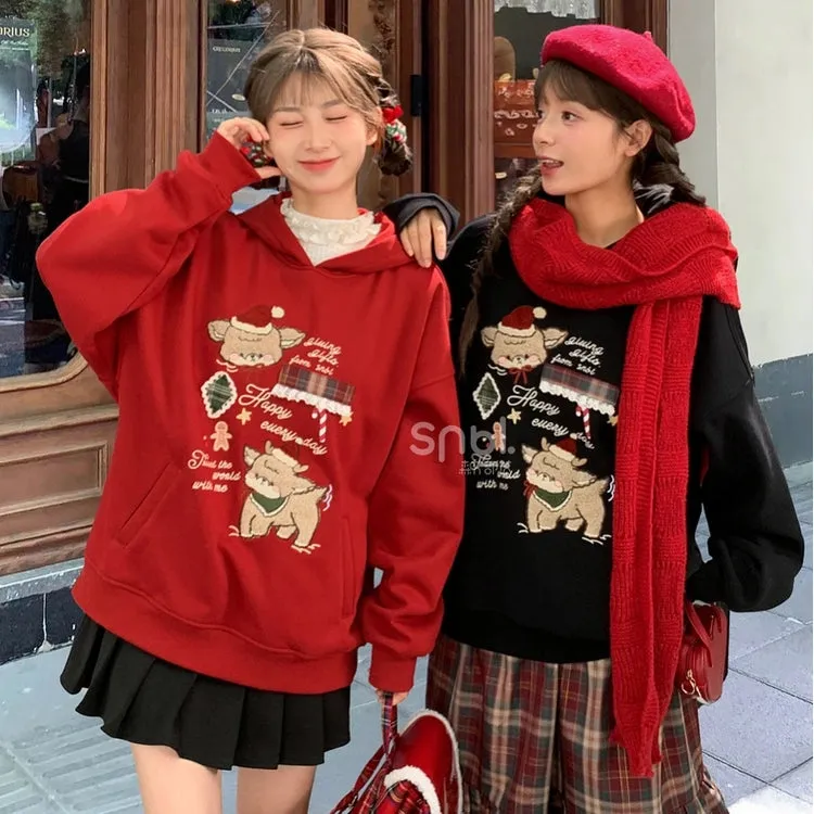 Kawaii Christmas Style Red Cartoon Deer Embroidered Sweatshirt