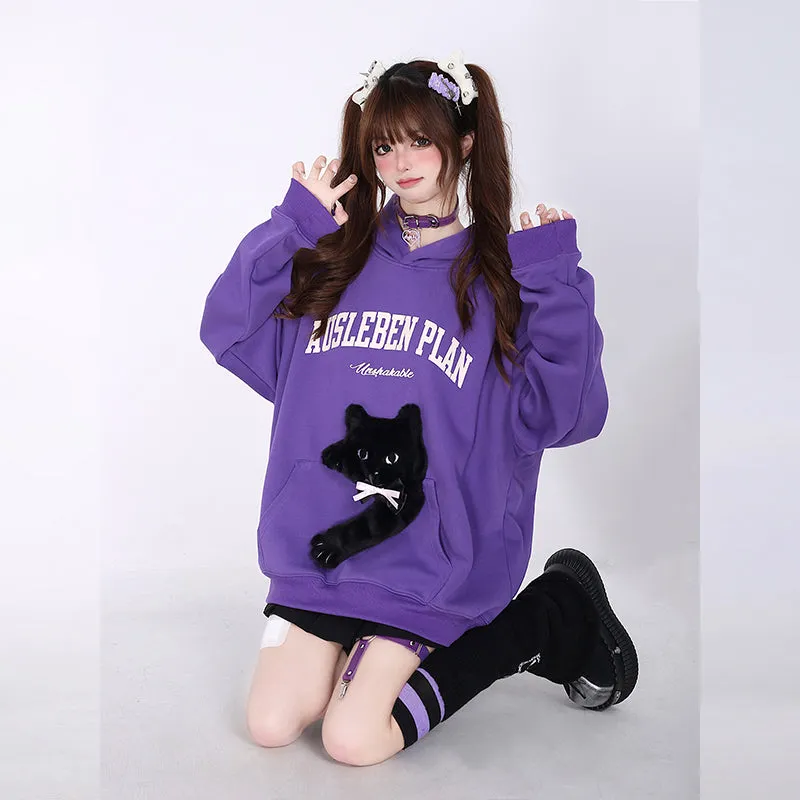 Kawaii Sweet Girly Style Purple 3D Embroidered Kitten Sweatshirt