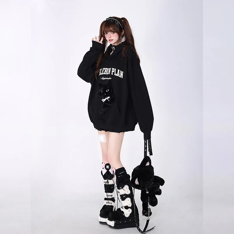Kawaii Sweet Girly Style Purple 3D Embroidered Kitten Sweatshirt