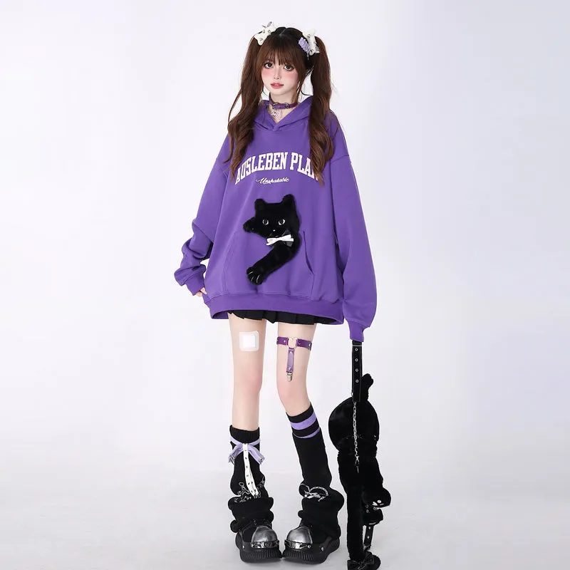 Kawaii Sweet Girly Style Purple 3D Embroidered Kitten Sweatshirt