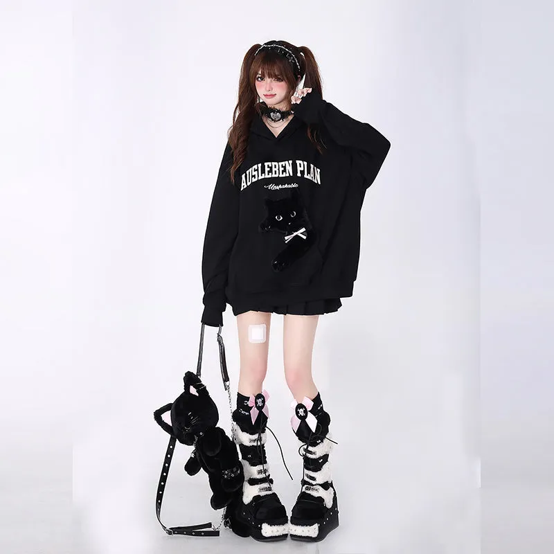 Kawaii Sweet Girly Style Purple 3D Embroidered Kitten Sweatshirt