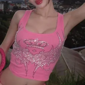 Kurzes Rosa Y2K-Crop-Top mit Krone bedruckt