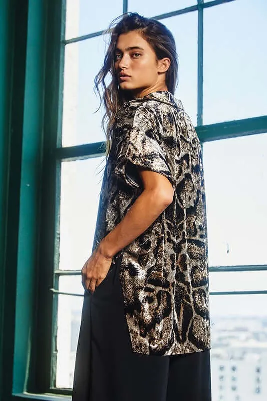 Leopard Velvet High Low Button Up Top Made in USA -  CLEARANCE FINAL SALE
