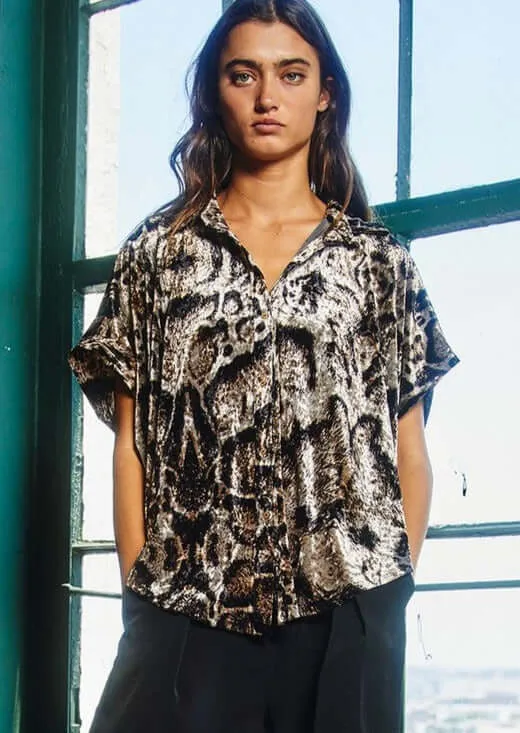 Leopard Velvet High Low Button Up Top Made in USA -  CLEARANCE FINAL SALE