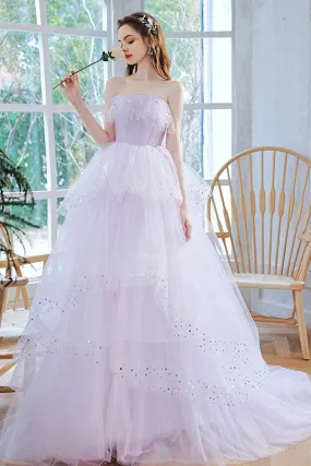 Light Purple Tulle Strapless Layered Long Prom Dresses, Light Purple Formal Evening Dresses, Lilac Ball Gown WT1086
