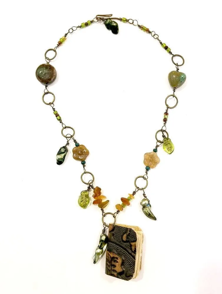 Mini-book Necklace in Green and Brown with Glass Beads, Pearls and Metal Charms, Adjustable Length