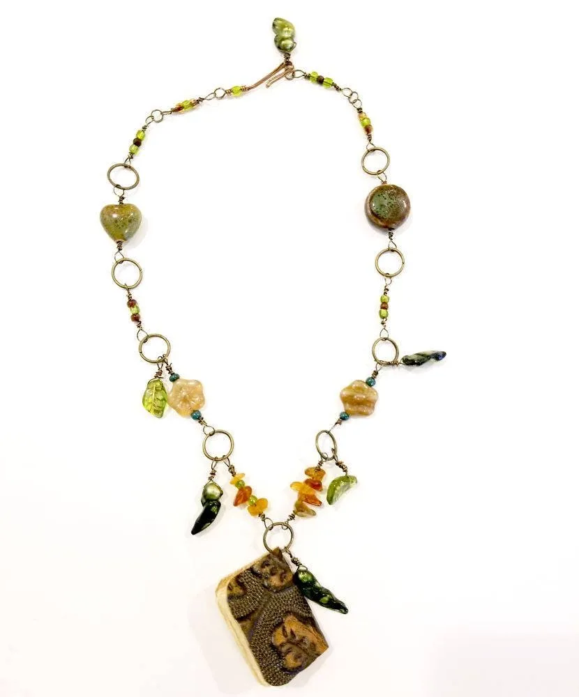 Mini-book Necklace in Green and Brown with Glass Beads, Pearls and Metal Charms, Adjustable Length