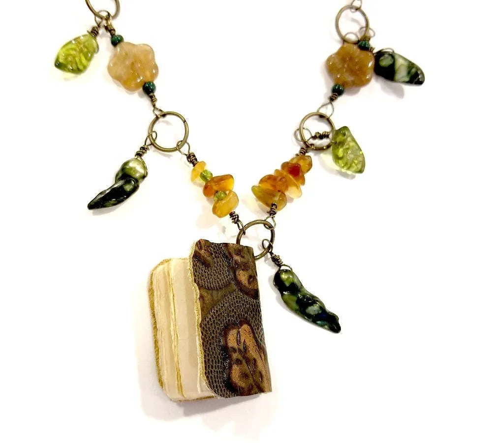 Mini-book Necklace in Green and Brown with Glass Beads, Pearls and Metal Charms, Adjustable Length