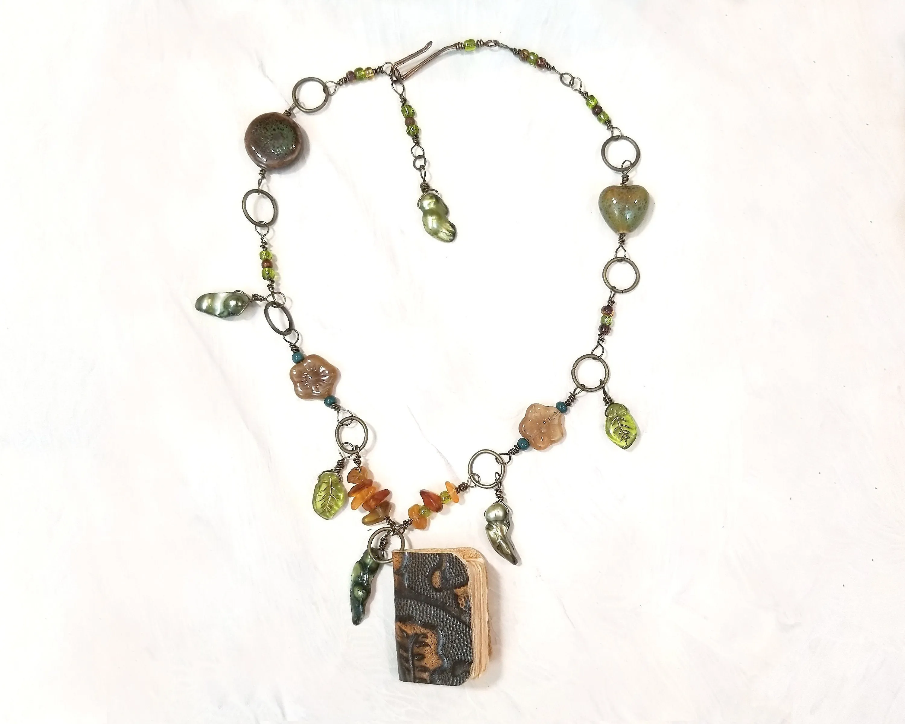 Mini-book Necklace in Green and Brown with Glass Beads, Pearls and Metal Charms, Adjustable Length
