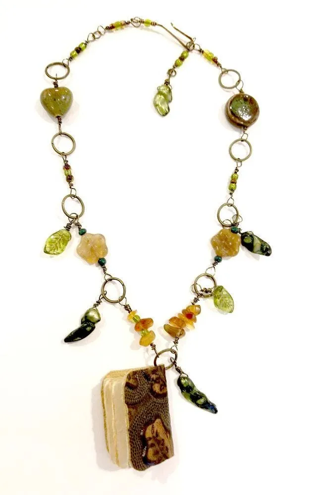 Mini-book Necklace in Green and Brown with Glass Beads, Pearls and Metal Charms, Adjustable Length