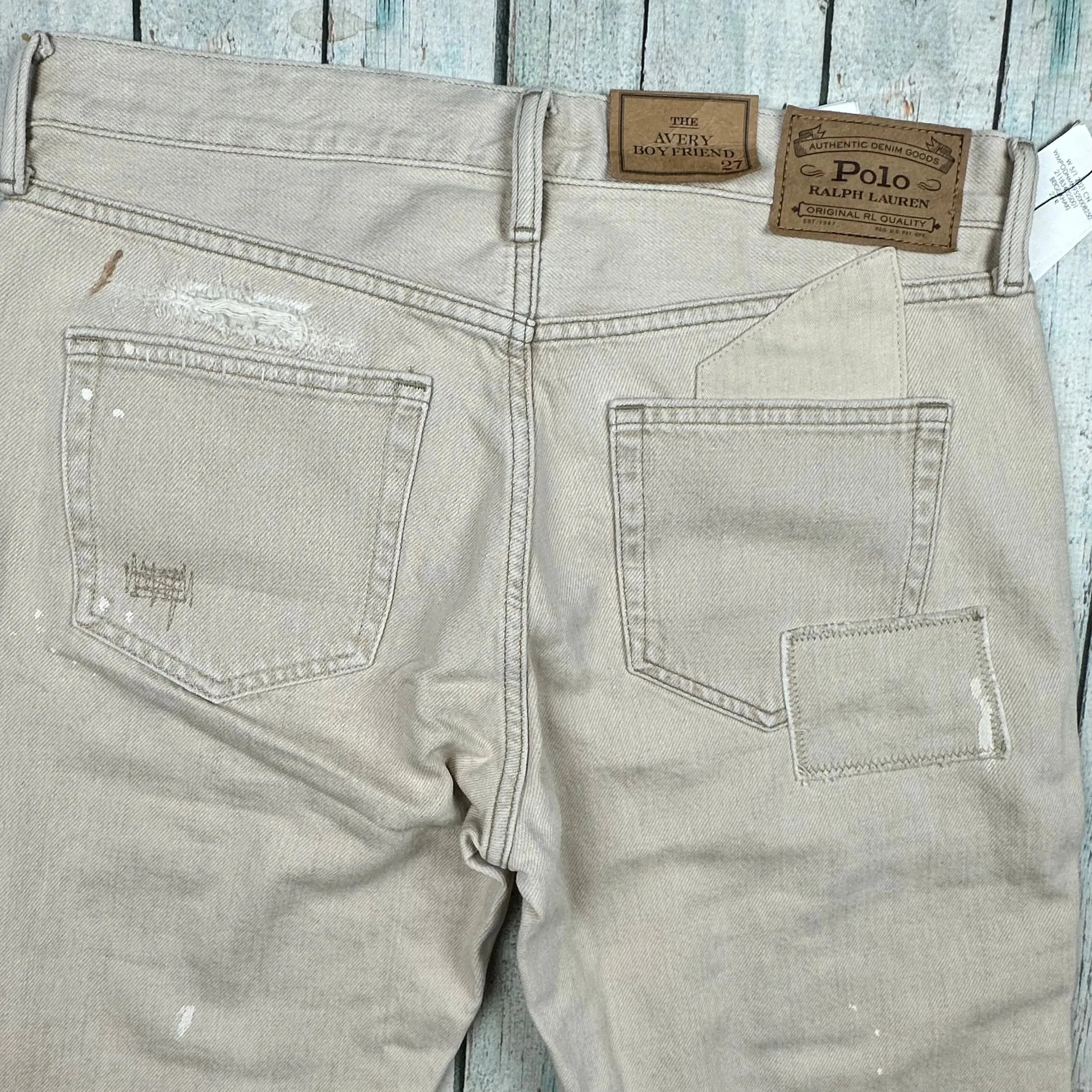 NWT-Ralph Lauren 'Avery Boyfriend' Patchwork Beige Denim Jeans - Size 27