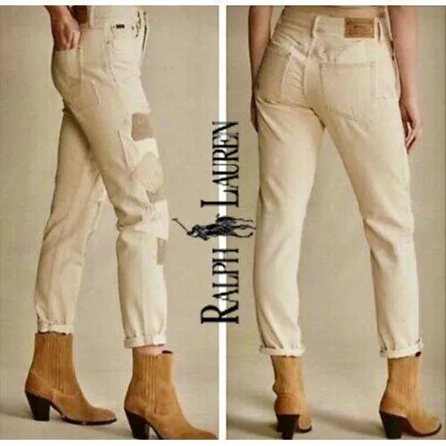 NWT-Ralph Lauren 'Avery Boyfriend' Patchwork Beige Denim Jeans - Size 27