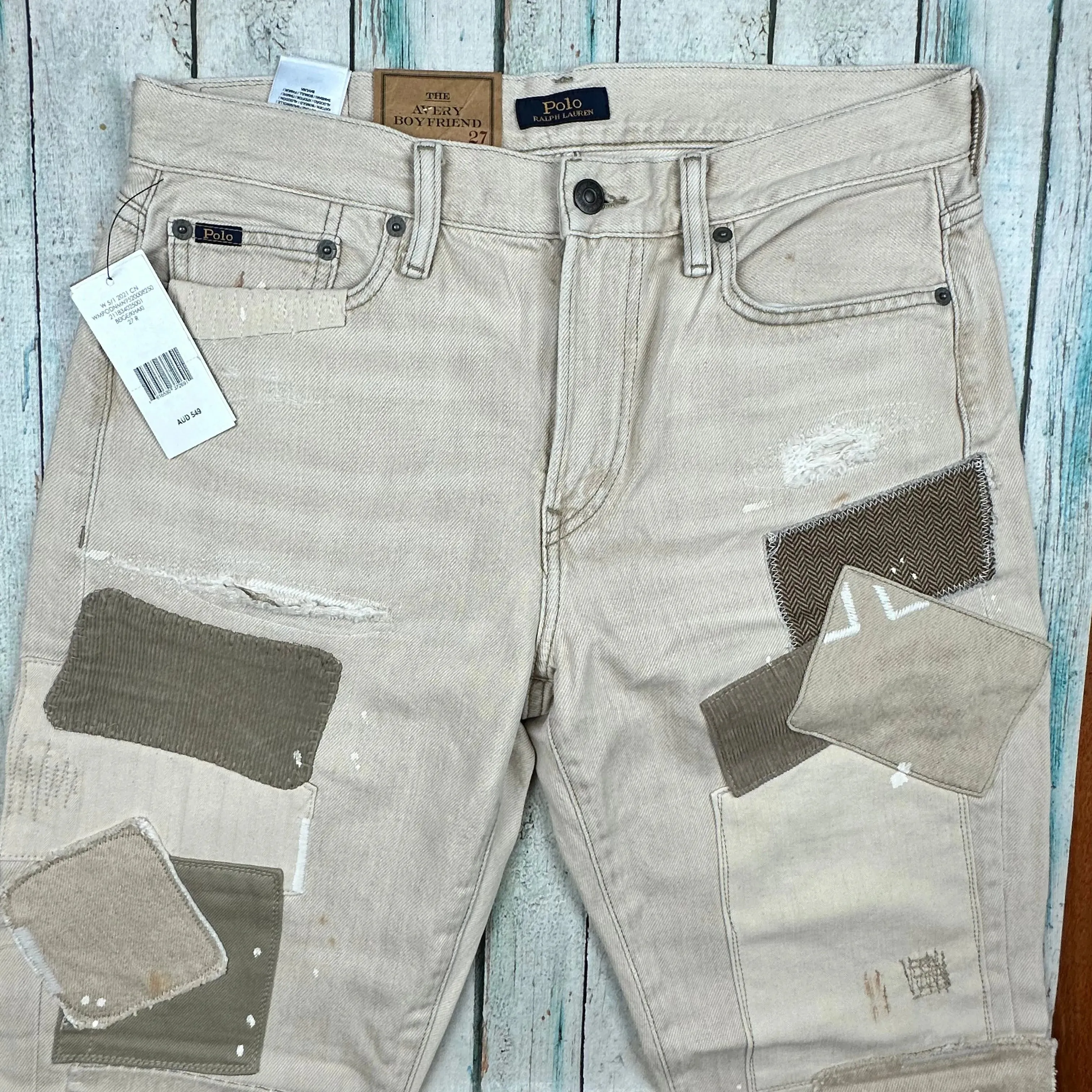 NWT-Ralph Lauren 'Avery Boyfriend' Patchwork Beige Denim Jeans - Size 27